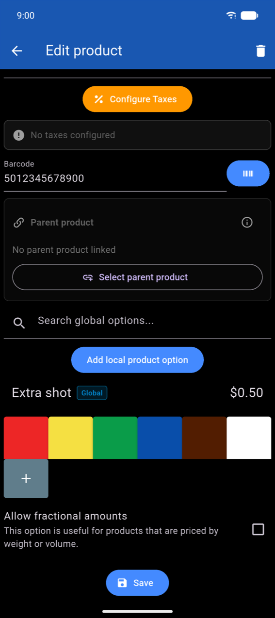 Lower section of Edit product: color swatches with + custom button, Allow fractional amounts toggle with description "This option is useful for products that are priced by weight or volume.", Save button
