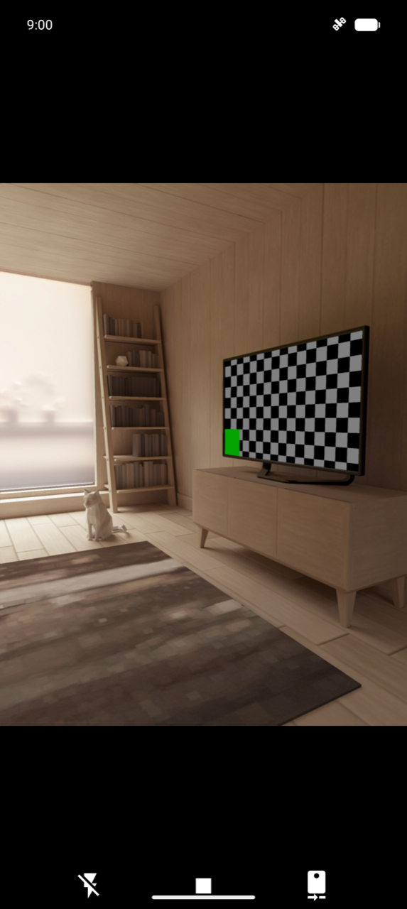 Full-screen camera scanner. The viewfinder fills the screen; the emulator shows a placeholder room scene (bookshelves and a TV with a checkerboard pattern). A flash-toggle icon sits in the top-right corner; torch and camera-flip controls appear at the bottom. On a real device this shows the live camera feed — point it at the product's physical barcode to fill the field automatically.
