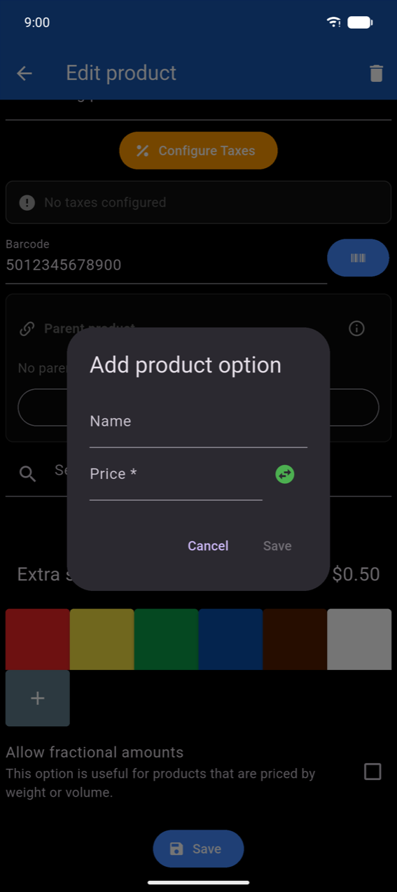 Add product option dialog: Name field, Price * field with sign-toggle, Cancel and Save buttons (Save disabled until a name is entered)