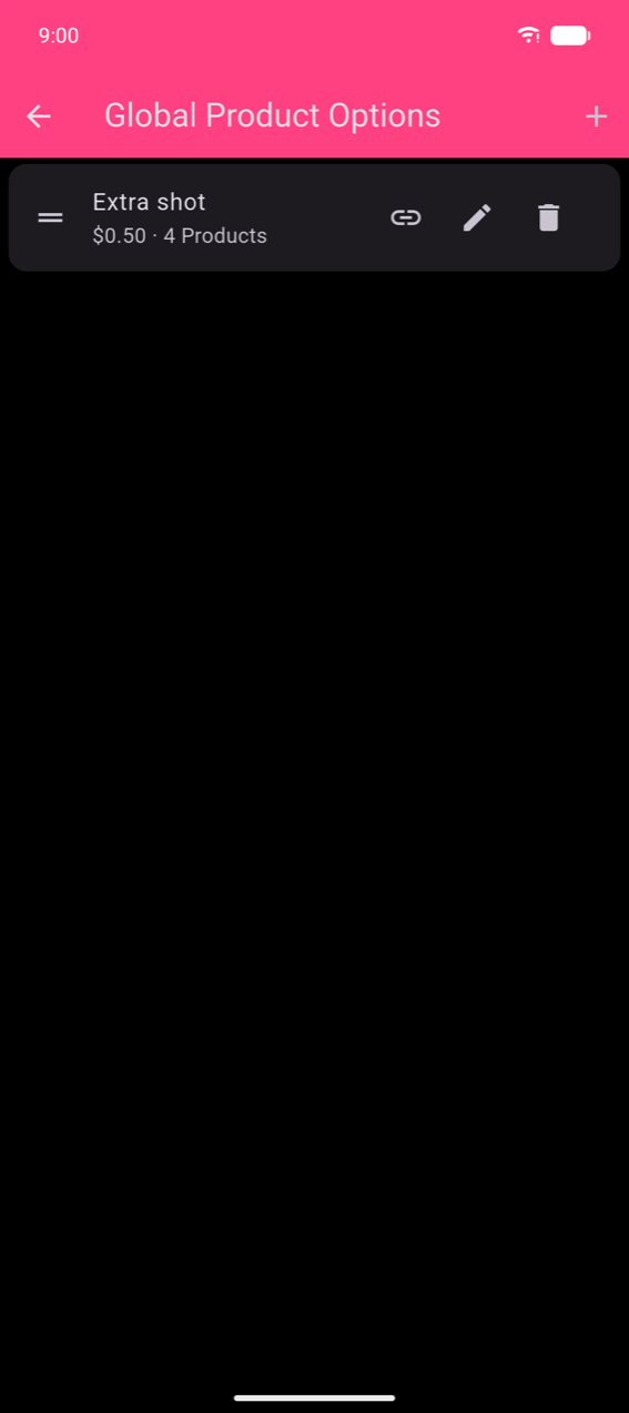 Global Product Options list with one card: "Extra shot", price and product count, and three icons — chain-link (assign), pencil (edit), trash (delete)