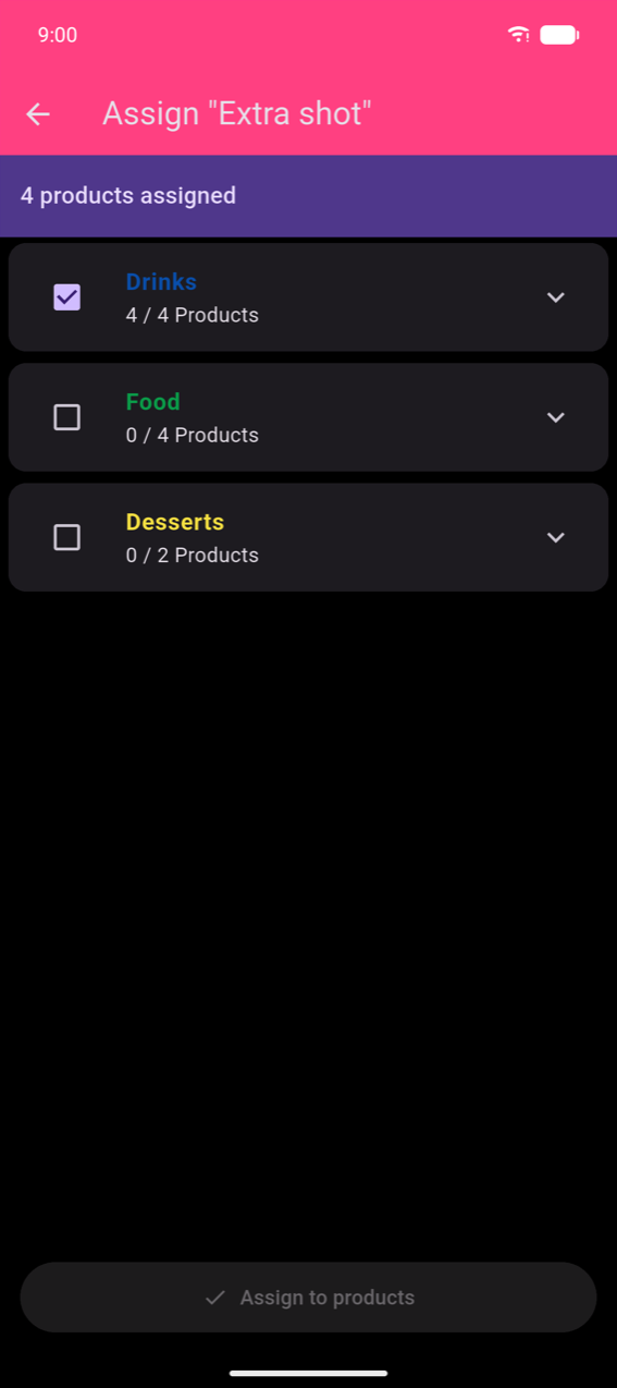 Assign "Extra shot": purple banner showing "4 products assigned", category rows for Drinks (checked, 4/4), Food (unchecked, 0/4), Desserts (unchecked, 0/2), Assign to products button at the bottom