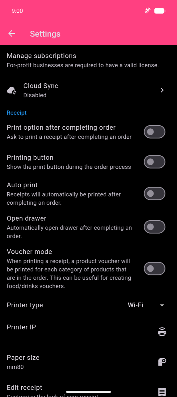Settings screen: Cloud Sync (Disabled) at the top, then the Receipt section with toggles for Print option after completing order, Printing button, Auto print, Open drawer, and Voucher mode (all off), followed by Printer type (Wi-Fi), Printer IP, Paper size (mm80), and Edit receipt