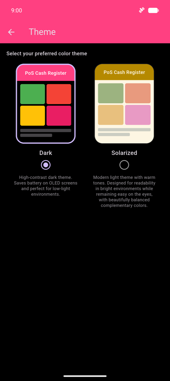 Theme screen: two cards side by side — Dark (selected, dark background with vivid colored tiles, radio button filled) and Solarized (warm light background with muted earthy tones, radio button empty) — each with a description below