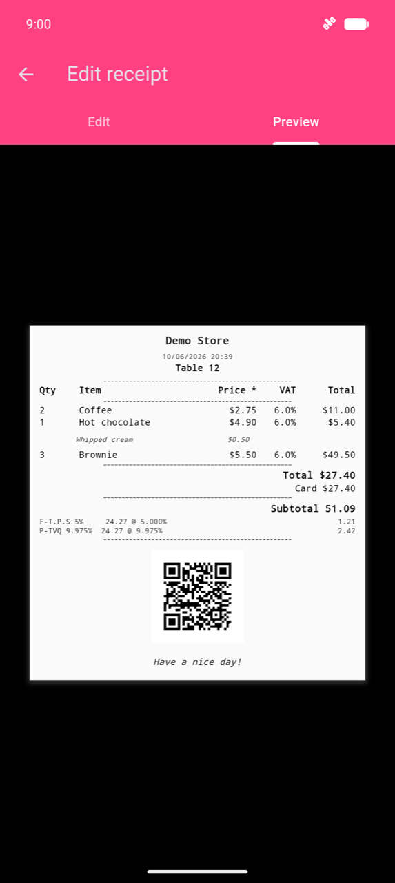 Edit receipt, Preview tab: dummy receipt for "Demo Store" showing item list with a VAT column, tax breakdown rows, a QR code, and "Have a nice day!" footer