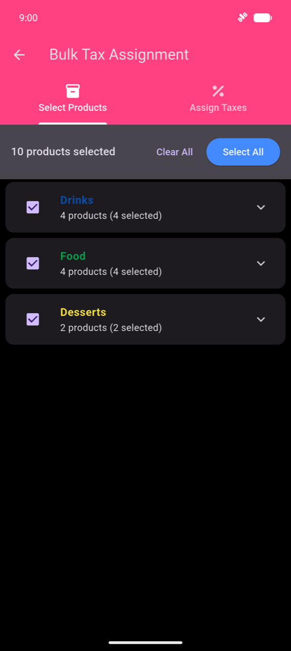 Bulk Tax Assignment, Select Products tab: banner showing 10 products selected with a Select All button; three collapsed category rows — Drinks (4 of 4 selected), Food (4 of 4), Desserts (2 of 2) — all checked