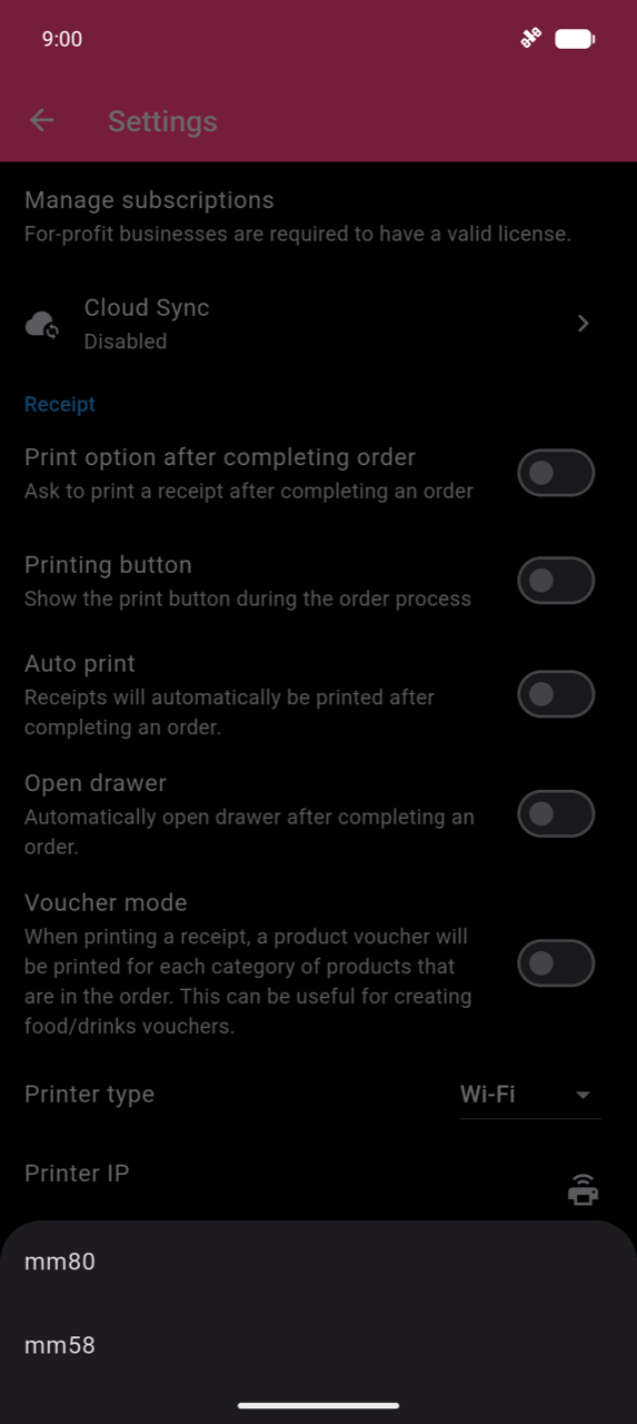 Paper size bottom sheet with two options: mm80 and mm58