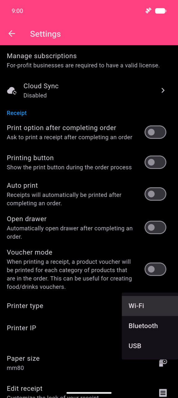 Receipt section in Settings with the Printer type dropdown open, showing the three options: Wi-Fi, Bluetooth, and USB