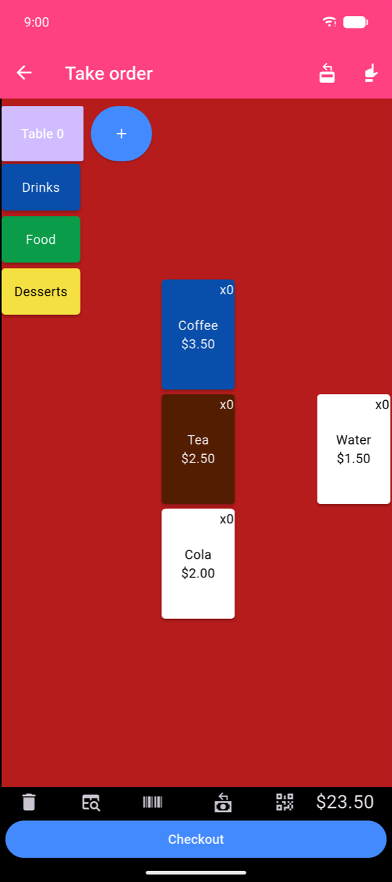 Take order screen in refund mode: the body background is dark red while the app bar remains pink. Category buttons and product grid are still visible; a $23.50 total and Checkout button appear at the bottom.