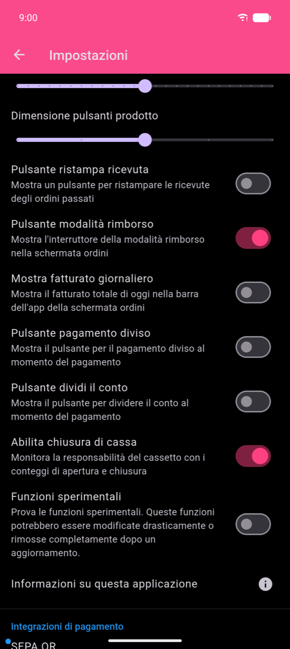 Schermata Impostazioni con il toggle Abilita chiusura di cassa attivato (rosa), etichettato "Tieni traccia della responsabilità del cassetto fiscale con i conteggi di apertura e chiusura", tra diversi altri toggle di funzionalità