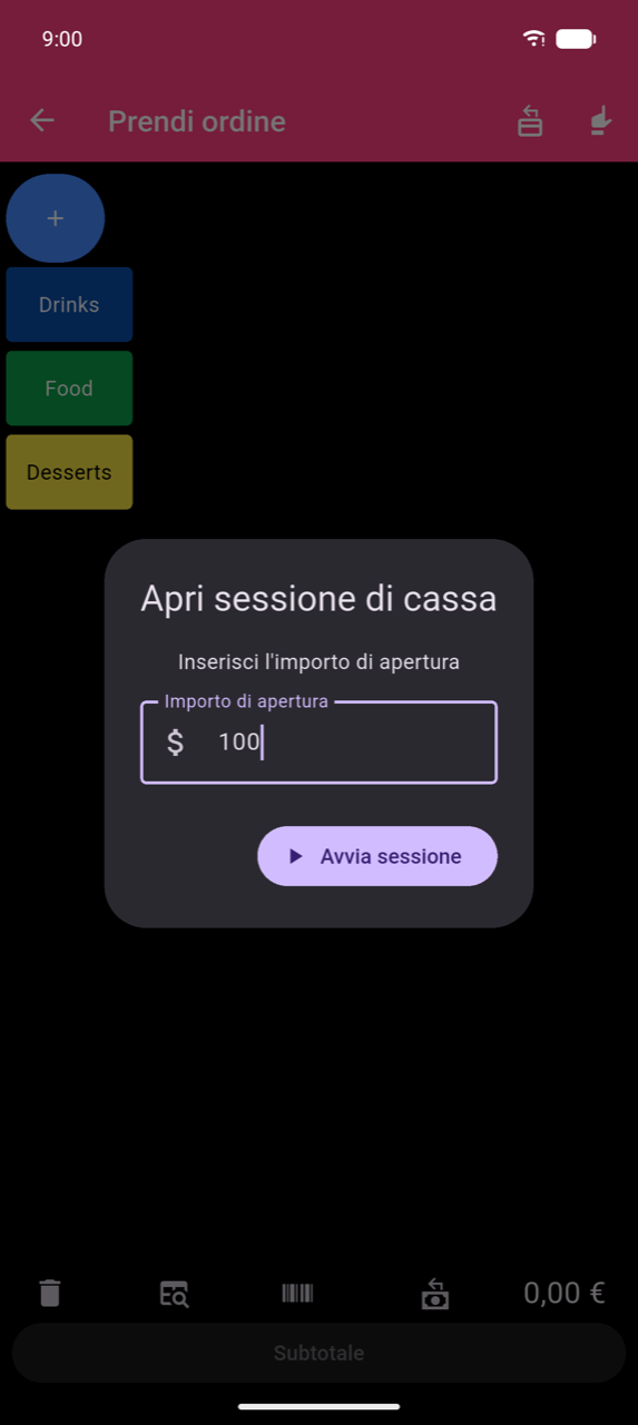 Finestra di dialogo Apri sessione di cassa sopra la schermata Prendi ordine: "Inserisci l'importo di apertura cassa", campo Importo di apertura contenente 100, pulsante Avvia sessione — nessun pulsante Annulla