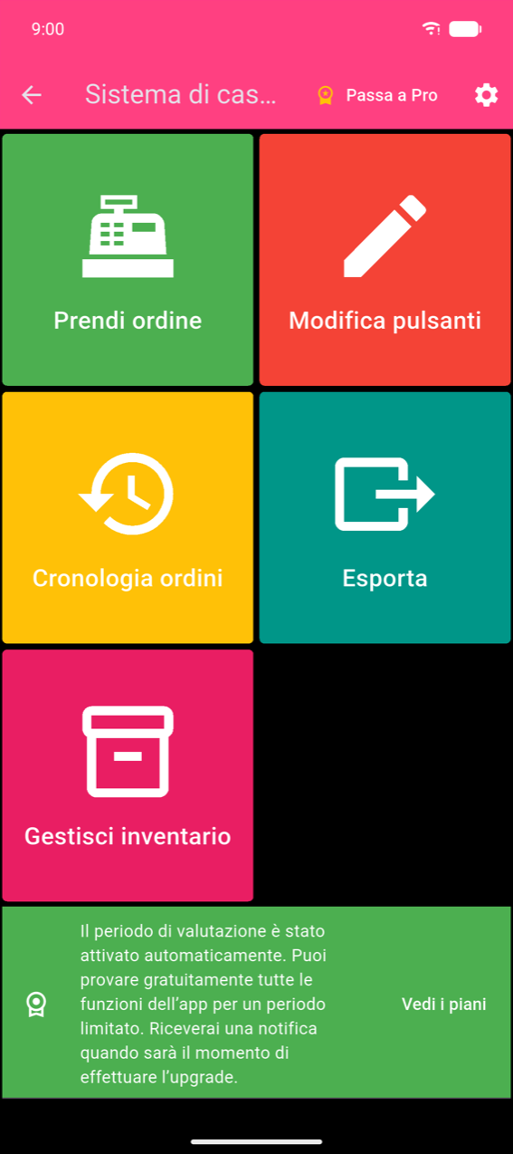 Menu principale: cinque riquadri colorati (Prendi ordine, Modifica pulsanti, Cronologia ordini, Esporta, Gestisci inventario) con l'icona a ingranaggio nella barra dell'app rosa