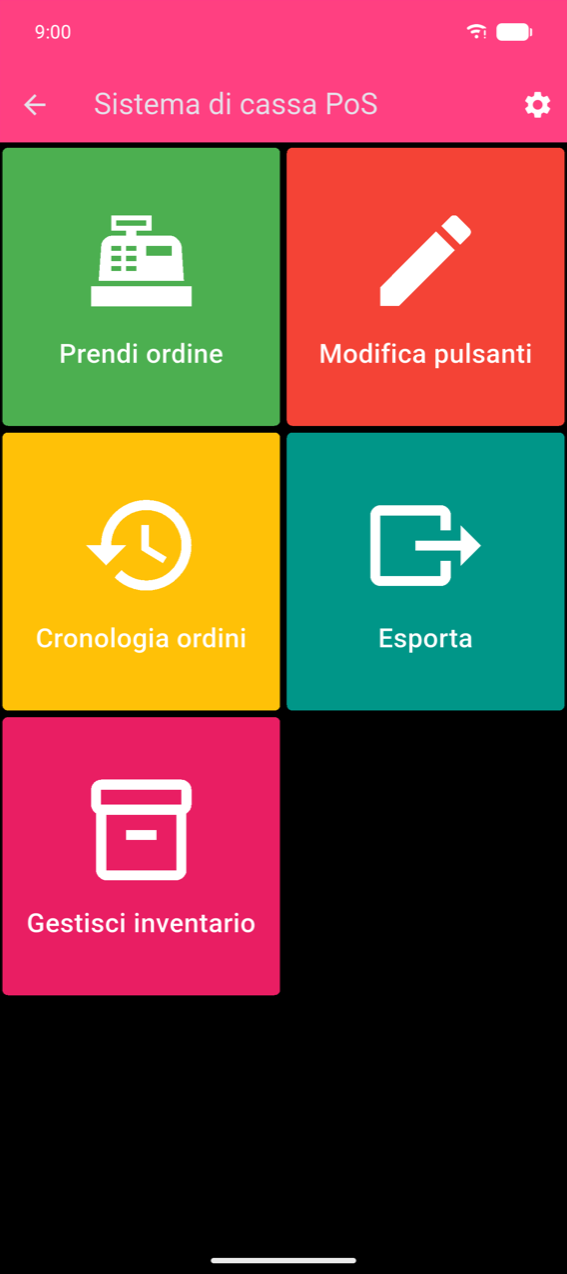 Menu principale: cinque riquadri colorati — Prendi ordine (verde), Modifica pulsanti (rosso), Cronologia ordini (giallo), Esporta (verde acqua), Gestisci inventario (rosa) — con l'icona a ingranaggio in alto a destra nella barra dell'app