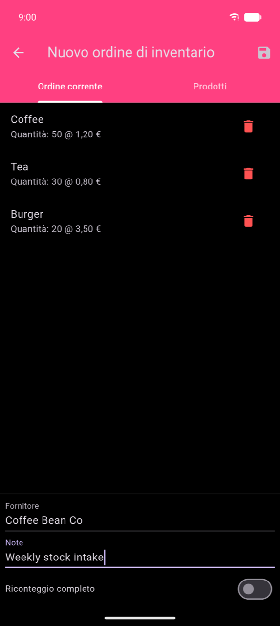 Nuovo ordine di inventario, scheda Ordine corrente: tre righe — Caffè Qtà: 50 @ 1,20 €, Tè Qtà: 30 @ 0,80 €, Burger Qtà: 20 @ 3,50 € — ciascuno con un'icona cestino; campo Fornitore ("Coffee Bean Co"), campo Note ("Carico settimanale"), e toggle Riconteggio completo (disattivato) in fondo