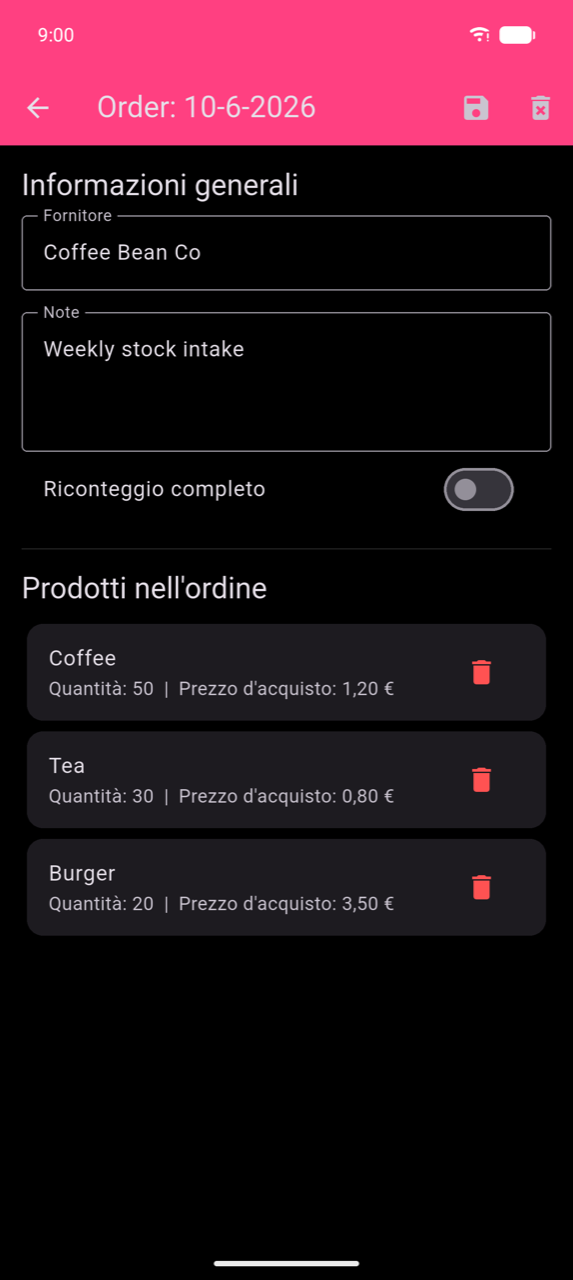 Dettaglio ordine per 10-6-2026: sezione Informazioni generali con Fornitore "Coffee Bean Co" e Note "Carico settimanale", toggle Riconteggio completo (disattivato), poi Prodotti nell'ordine — Caffè (Quantità: 50 | Prezzo d'acquisto: 1,20 €), Tè (Quantità: 30 | Prezzo d'acquisto: 0,80 €), Burger (Quantità: 20 | Prezzo d'acquisto: 3,50 €) — ciascuno con un'icona cestino