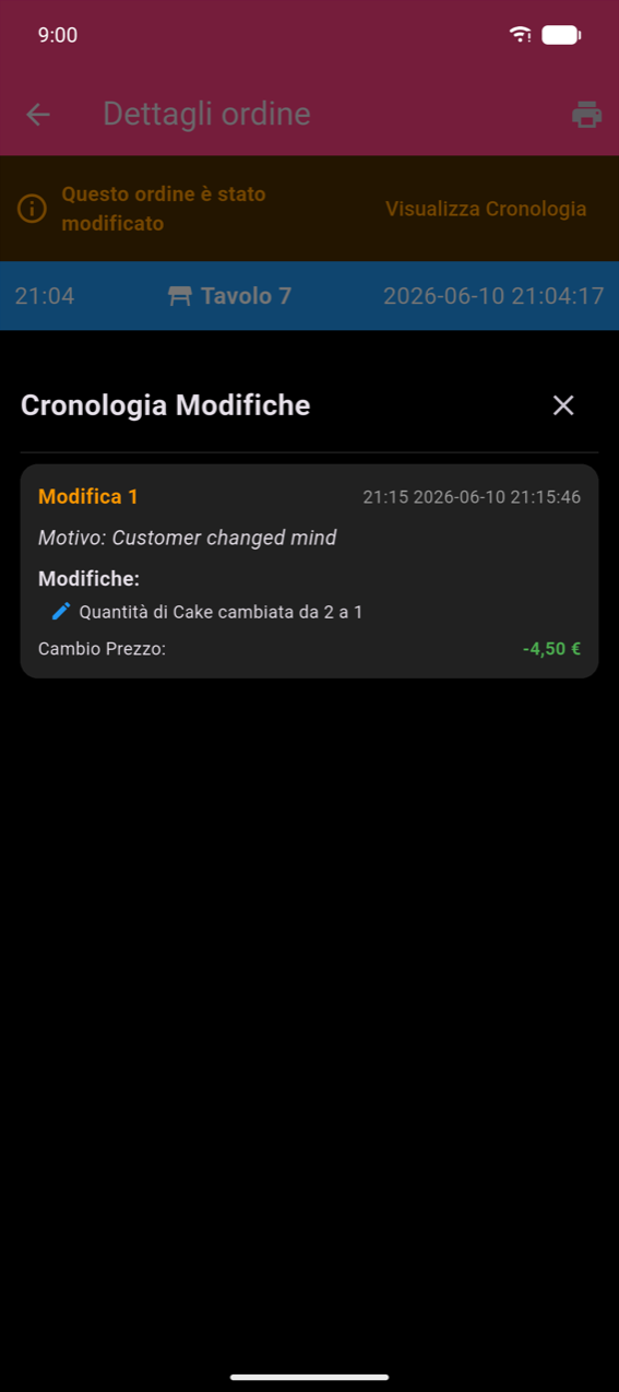Schermata dettagli ordine con un banner arancione "Questo ordine è stato modificato" e link Visualizza storico; intestazione blu che mostra 21:04, Tavolo 7, 2026-06-10 21:04:17; pannello inferiore Storico modifiche che mostra Modifica 1 con motivo "Il cliente ha cambiato idea", modifica "Quantità di Torta modificata da 2 a 1" e Variazione prezzo: −4,50 € in verde