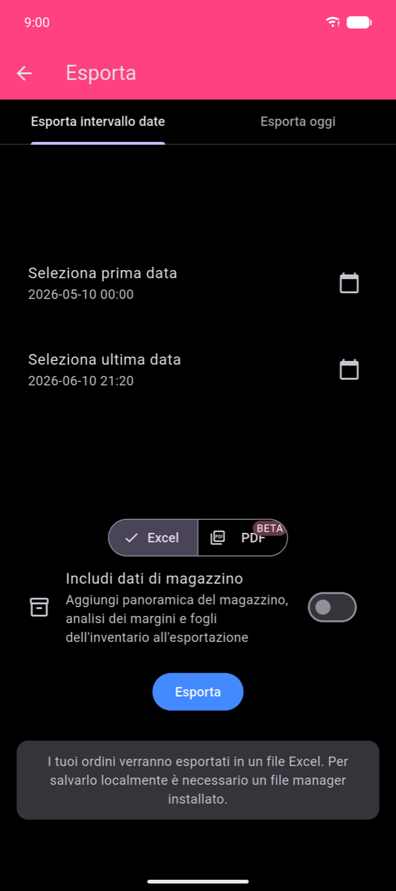 Schermata Esporta, scheda Esporta intervallo date: Seleziona prima data 2026-05-10 00:00 e Seleziona ultima data 2026-06-10 21:20 ciascuna con un'icona calendario; toggle formato Excel / PDF BETA con Excel selezionato; toggle Includi dati stock (disattivato); pulsante blu Esporta; snackbar che legge "I tuoi ordini verranno esportati in un file excel. Se desideri salvare questo file localmente, dovrai avere un file explorer installato."