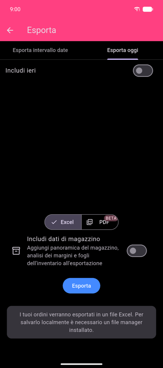 Schermata Esporta, scheda Esporta oggi: toggle Includi ieri (disattivato); toggle formato Excel / PDF BETA con Excel selezionato; toggle Includi dati stock (disattivato); pulsante blu Esporta; stessa snackbar in fondo