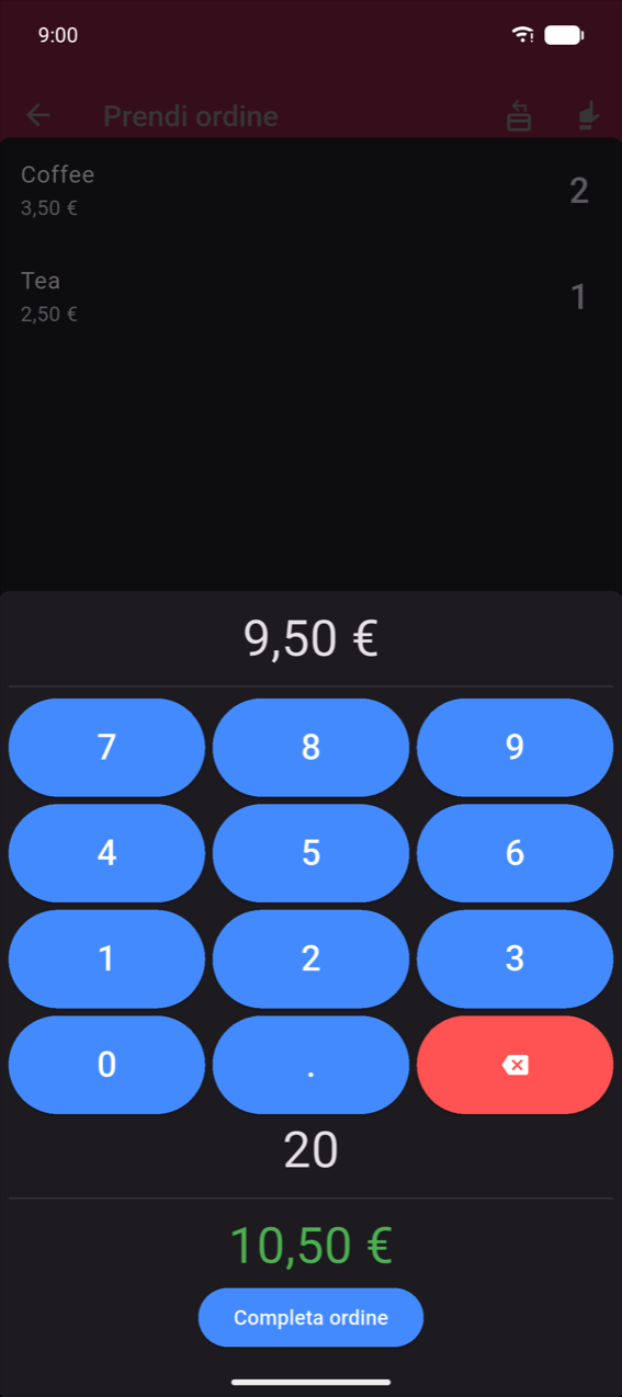 Calcolatrice resto: totale ordine 9,50 € mostrato in cima; tastierino con "20" inserito; resto di 10,50 € mostrato in verde; pulsante Completa ordine in fondo
