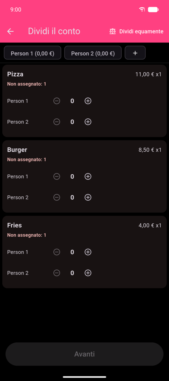 Passaggio di assegnazione Dividi il conto: chip Persona 1 e Persona 2 (entrambi €0,00) in cima; tre schede prodotto — Pizza (€11,00 ×1, Non assegnato: 1), Burger (€8,50 ×1, Non assegnato: 1), Patatine (€4,00 ×1, Non assegnato: 1) — ciascuna con stepper ± per persona; pulsante Avanti disabilitato