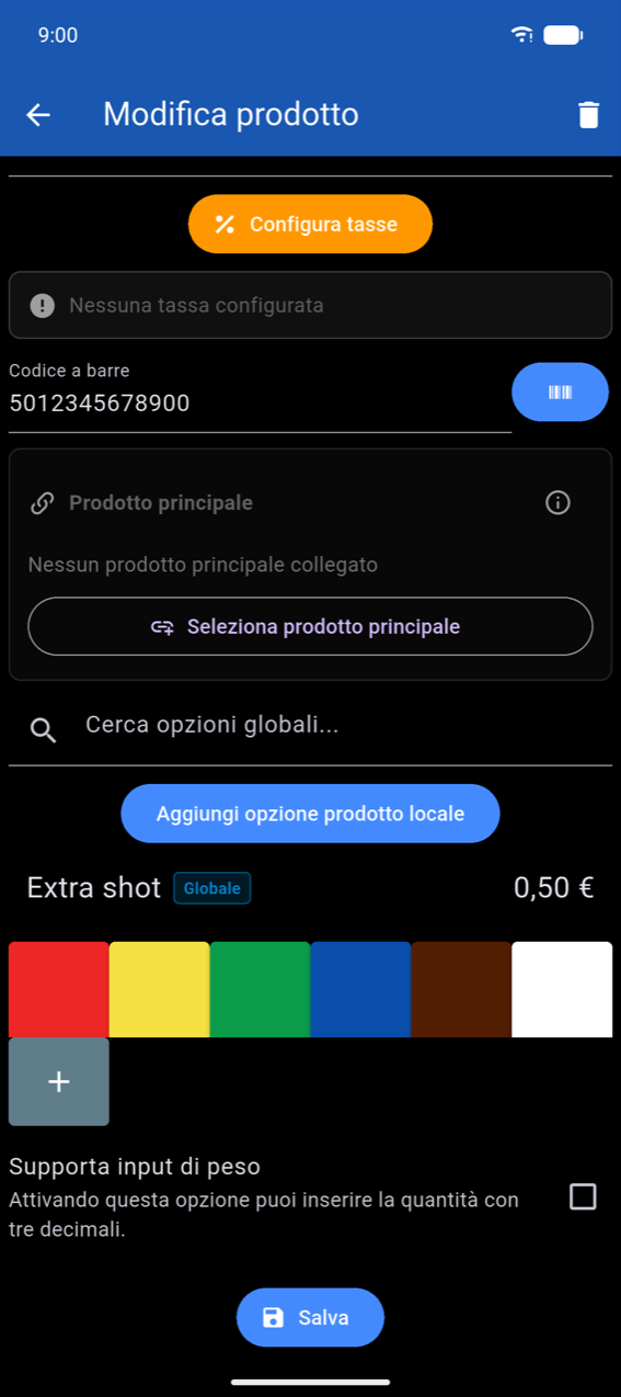 Sezione inferiore di Modifica prodotto: campioni colore con pulsante + personalizzato, interruttore Supporta input di peso con descrizione "Questa opzione è utile per i prodotti il cui prezzo è calcolato in base al peso o al volume.", pulsante Salva