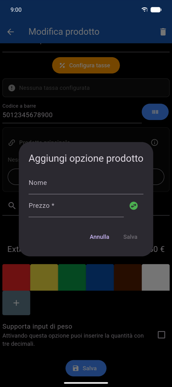 Finestra di dialogo Aggiungi opzione prodotto: campo Nome, campo Prezzo * con inversione del segno, pulsanti Annulla e Salva (Salva disabilitato fino a quando non viene inserito un nome)