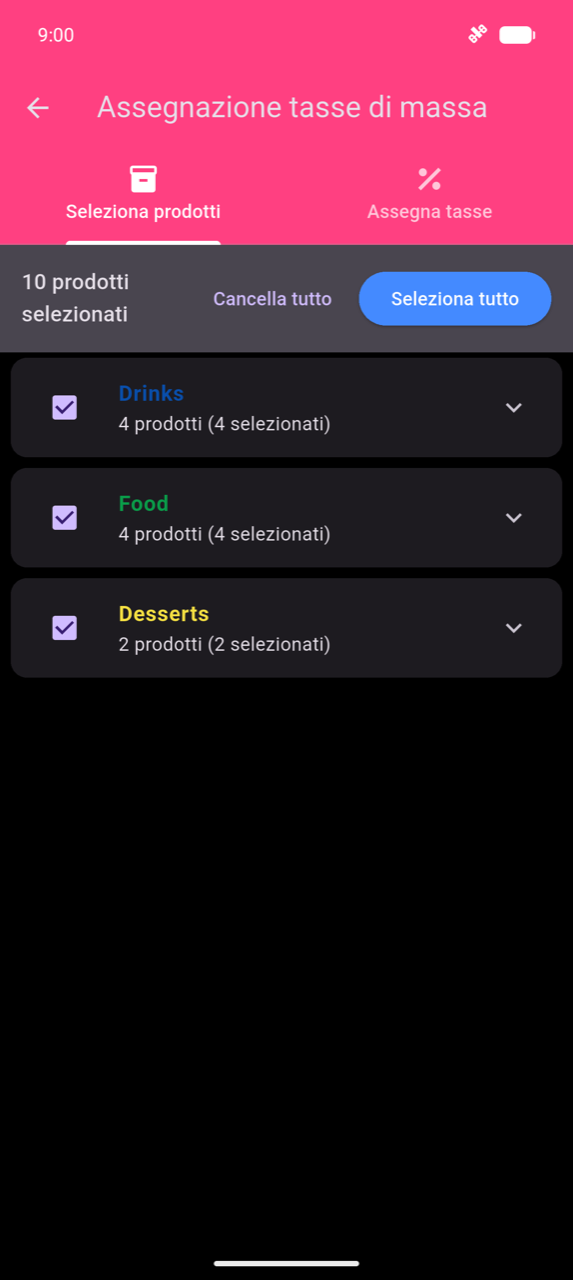 Assegnazione tasse di massa, scheda Seleziona prodotti: banner che mostra 10 prodotti selezionati con un pulsante Seleziona tutto; tre righe categoria compresse — Bevande (4 di 4 selezionate), Cibo (4 di 4), Dessert (2 di 2) — tutte selezionate