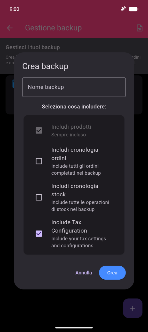 Finestra di dialogo Crea backup: campo di testo Nome del backup; caselle di controllo per Includi prodotti (sempre incluso, pre-selezionato), Includi cronologia ordini, Includi cronologia scorte e Includi configurazione tasse (selezionato); pulsanti Annulla e Crea