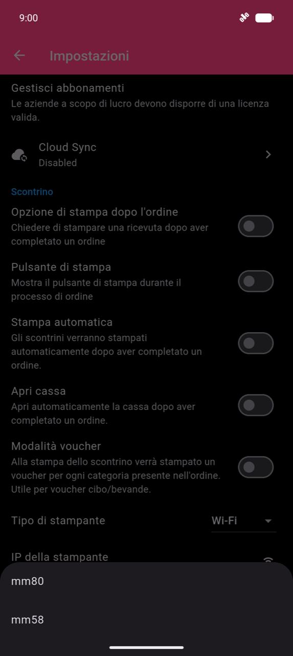 Pannello inferiore Formato carta con due opzioni: mm80 e mm58