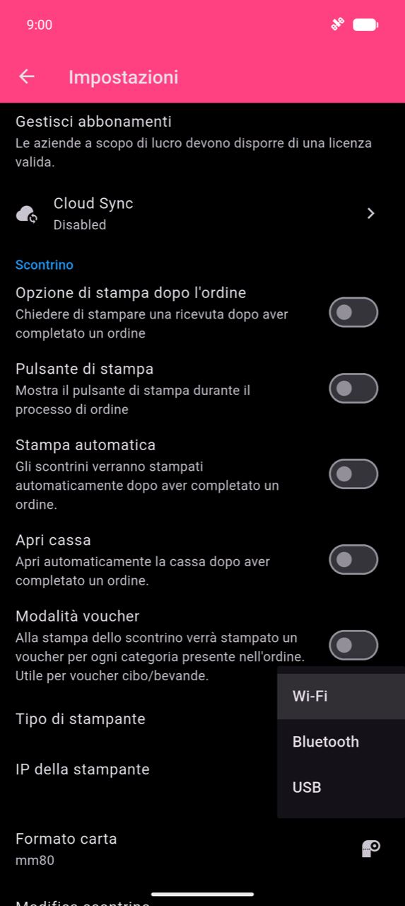 Sezione Scontrino in Impostazioni con il menu a tendina Tipo di stampante aperto, che mostra le tre opzioni: Wi-Fi, Bluetooth e USB
