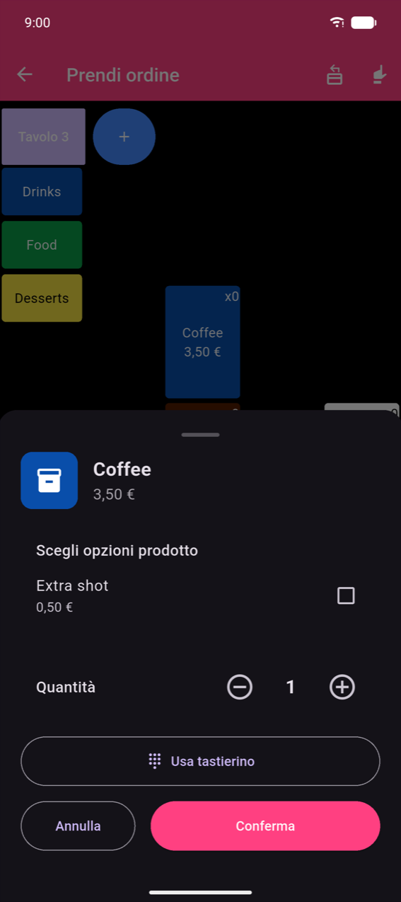 Pannello prodotto per Caffè (3,50 €): "Scegli opzioni prodotto" con una casella di controllo Extra shot (0,50 €), uno stepper Quantità (− 1 +), un pulsante Usa tastierino, e pulsanti Annulla / Conferma.