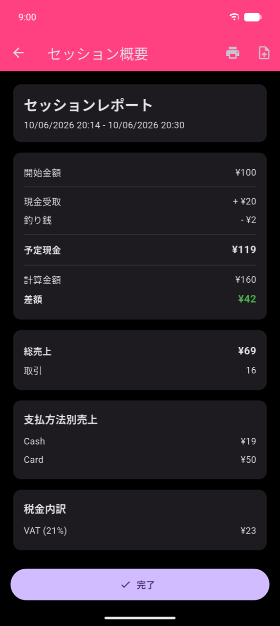 セッション概要画面:日付範囲のセッションレポートカード、現金計算カード(開始金額、現金受取、釣り銭、予定現金、計算金額、差額(緑))、総売上とトランザクション数、支払い方法別の収益(現金とカード)、税金内訳(消費税21%)、完了ボタン