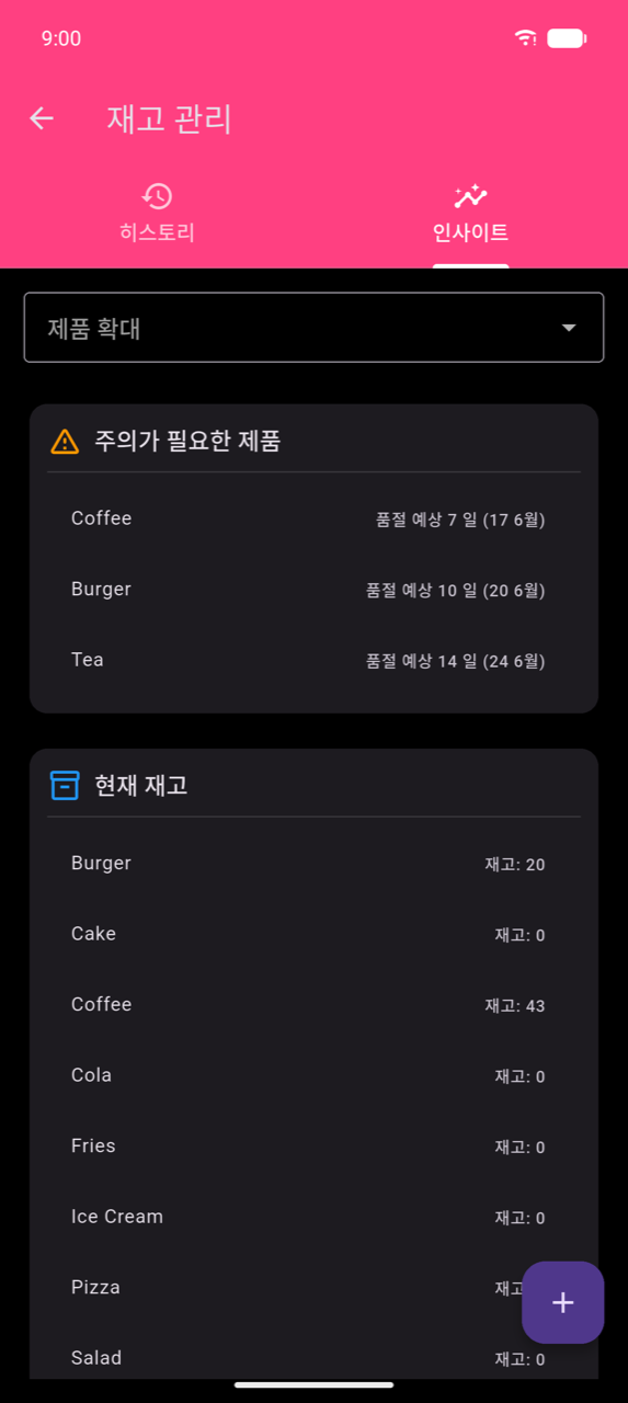 재고 관리, 인사이트 탭: "제품 확대" 드롭다운; Coffee(7일 후 품절, 6월 17일), Burger(10일 후 품절, 6월 20일), Tea(14일 후 품절, 6월 24일)가 나열된 "주의가 필요한 제품" 카드; Burger 20, Cake 0, Coffee 43, Cola 0, Fries 0, Ice Cream 0 등이 표시된 "현재 재고" 카드(아래에 더 있음)