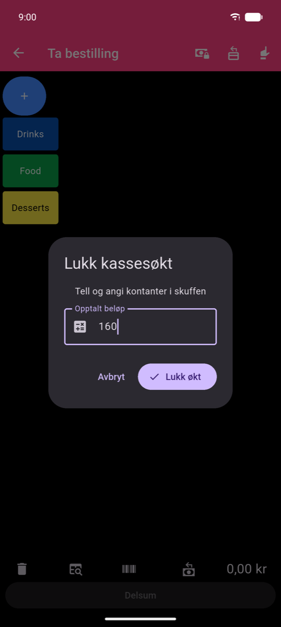 Lukk kassesøkt-dialog: «Tell og angi kontanter i skuffen», Opptalt beløp-felt som inneholder 160, Avbryt- og Lukk økt-knapper