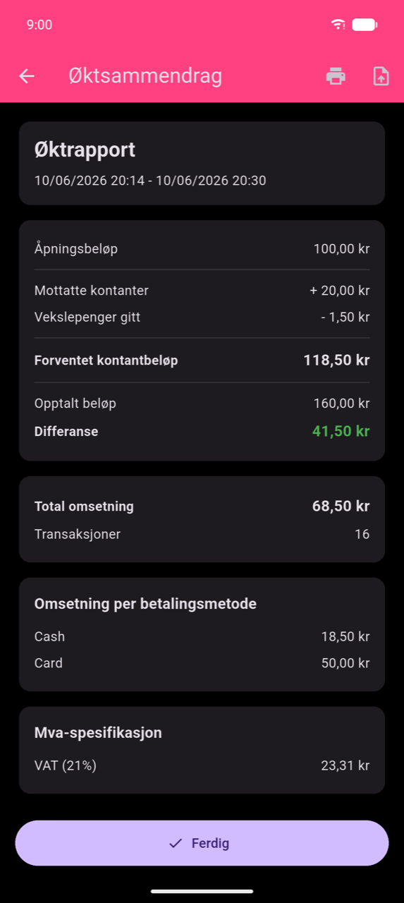 Øktsammendrag-skjerm: Øktrapport-kort med datoperiode, kontantberegningskort (Åpningsbeløp, Mottatte kontanter, Vekslepenger gitt, Forventet kontantbeløp, Opptalt beløp, Differanse i grønt), Total omsetning og Transaksjoner, omsetning per betalingsmetode (Kontanter og Kort), Mva-spesifikasjon (MVA 21 %), Ferdig-knapp