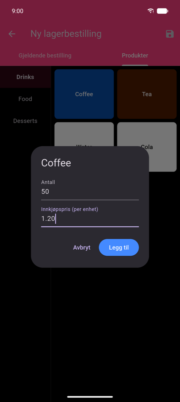 Legg til produkt-dialog over Produkter-fanen: produktnett som viser Coffee (valgt, blå), Tea, Water og Cola; dialog med tittelen "Coffee" med Antall-felt satt til 50 og Innkjøpspris (per enhet)-felt satt til 1,20; Avbryt- og Legg til-knapper