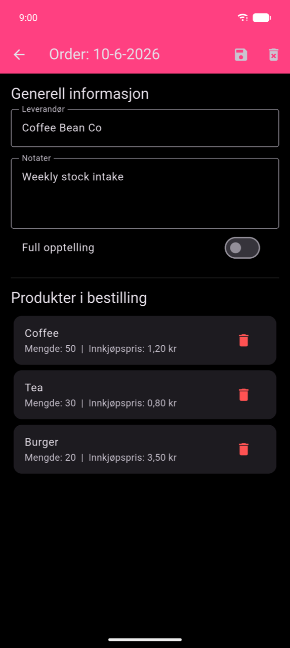 Bestillingsdetalj for 10.6.2026: Generell informasjon-seksjon med Leverandør "Coffee Bean Co" og Notater "Weekly stock intake", Full opptelling-bryter (av), deretter Produkter i bestilling — Coffee (Antall: 50 | Innkjøpspris: $1,20), Tea (Antall: 30 | Innkjøpspris: $0,80), Burger (Antall: 20 | Innkjøpspris: $3,50) — hver med et søppelkasseikon
