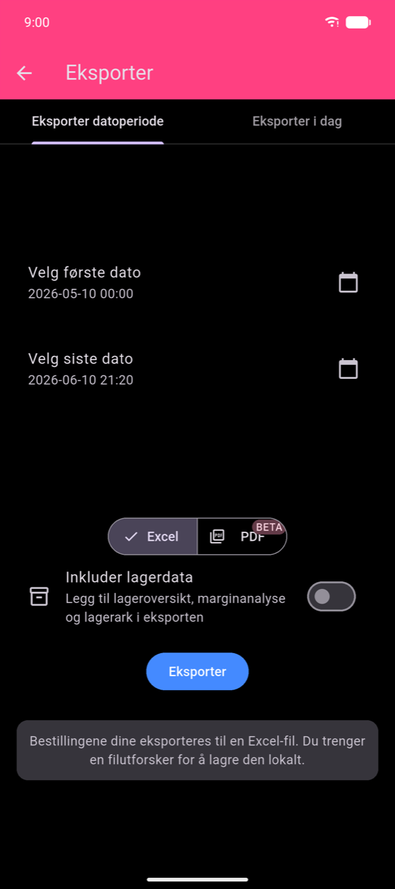 Eksport-skjerm, Eksporter datoområde-fane: Velg første dato 2026-05-10 00:00 og Velg siste dato 2026-06-10 21:20 med kalenderikon hver; Excel / PDF BETA format-veksler med Excel valgt; Inkluder lagerdata-veksler (av); blå Eksporter-knapp; snackbar som lyder «Bestillingene dine vil bli eksportert til en excel-fil. Hvis du ønsker å lagre denne filen lokalt, må du ha en filutforsker installert.»
