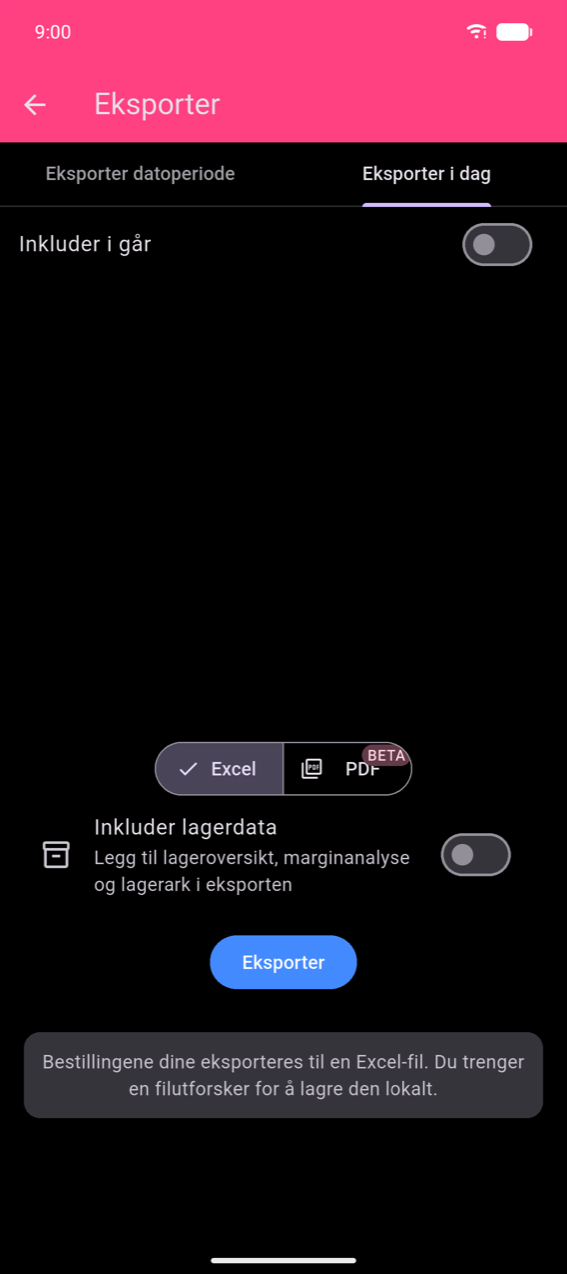 Eksport-skjerm, Eksporter i dag-fane: Inkluder i går-veksler (av); Excel / PDF BETA format-veksler med Excel valgt; Inkluder lagerdata-veksler (av); blå Eksporter-knapp; samme snackbar nederst