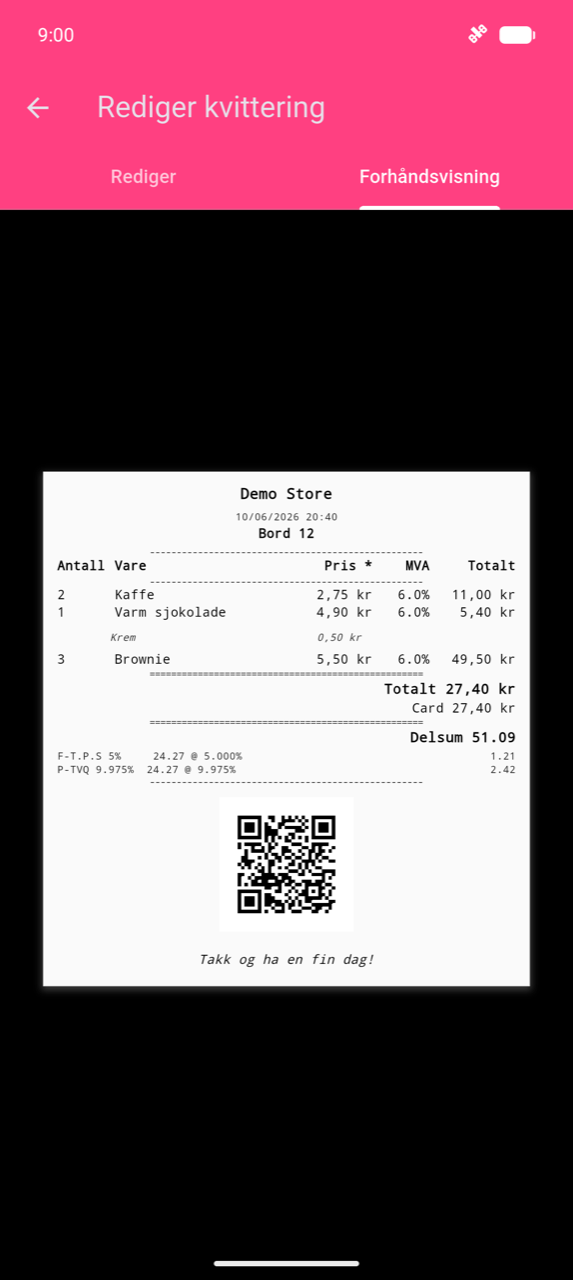 Rediger kvittering, Forhåndsvisning-fane: eksempelkvittering for «Demo Store» som viser en vareliste med mva-kolonne, rader med mva-spesifikasjon, en QR-kode og bunnteksten «Have a nice day!»