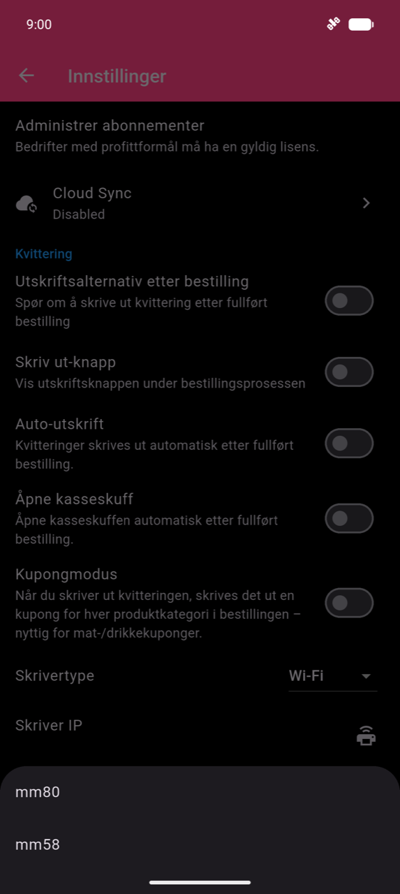 Papirstørrelse bunnark med to alternativer: mm80 og mm58