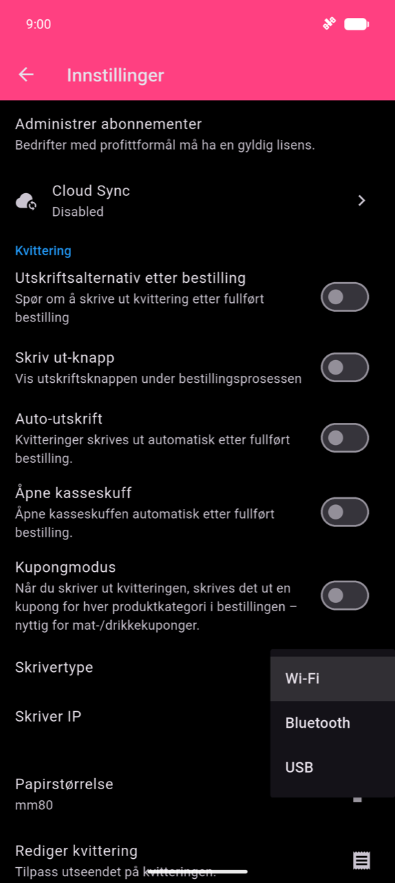 Kvittering-seksjonen i Innstillinger med Skrivertype-nedtrekksmenyen åpen, som viser de tre alternativene: Wi-Fi, Bluetooth og USB