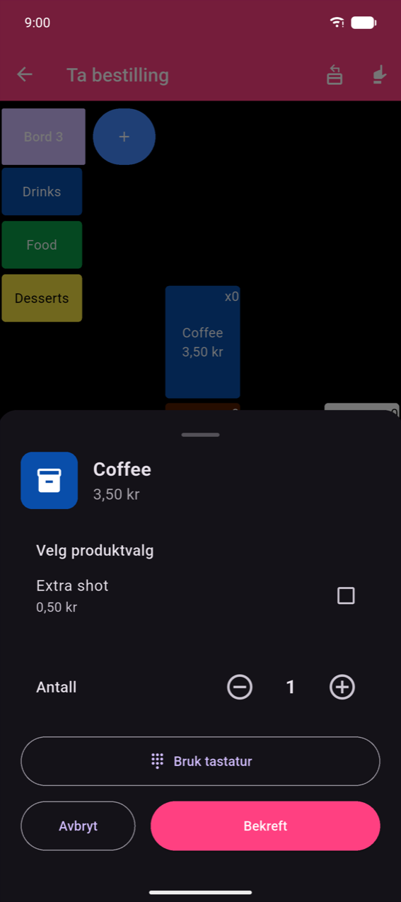 Produktark for Kaffe (9,50 kr): "Velg produktalternativer" med en Ekstra skudd-avkrysningsboks (1,30 kr), en Antall-stepper (− 1 +), en Bruk tastatur-knapp og Avbryt / Bekreft-knapper.