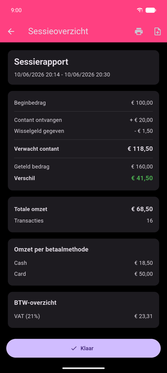 Sessieoverzichtscherm: Sessierapport-kaart met datumbereik, kassaberekeningskaart (Beginbedrag, Contant ontvangen, Wisselgeld gegeven, Verwacht contant, Geteld bedrag, Verschil in groen), Totale omzet en Transacties, Omzet per betaalmethode (Cash en Kaart), Belastingsuitsplitsing (btw 21%), knop Klaar