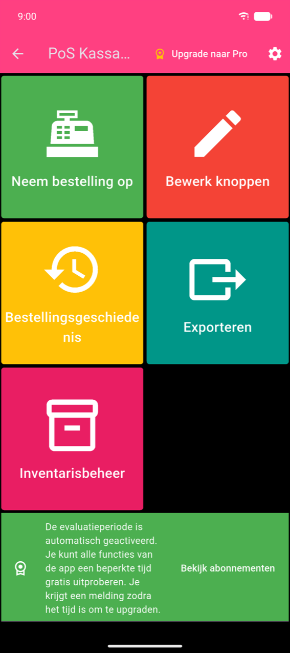 Hoofdmenu: vijf gekleurde tegels (Neem bestelling op, Bewerk knoppen, Bestellingsgeschiedenis, Exporteren, Inventarisbeheer) met het tandwielpictogram in de roze appbalk