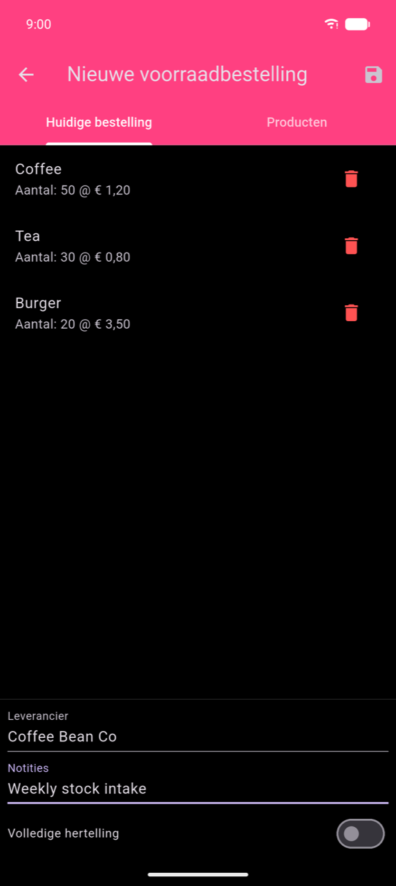 Nieuwe voorraadbestelling, tabblad Huidige bestelling: drie regels — Coffee Qty: 50 @ € 1,20, Tea Qty: 30 @ € 0,80, Burger Qty: 20 @ € 3,50 — elk met een prullenbakpictogram; veld Leverancier ("Coffee Bean Co"), veld Notities ("Weekly stock intake") en schakelaar Volledige hertelling (uit) onderaan