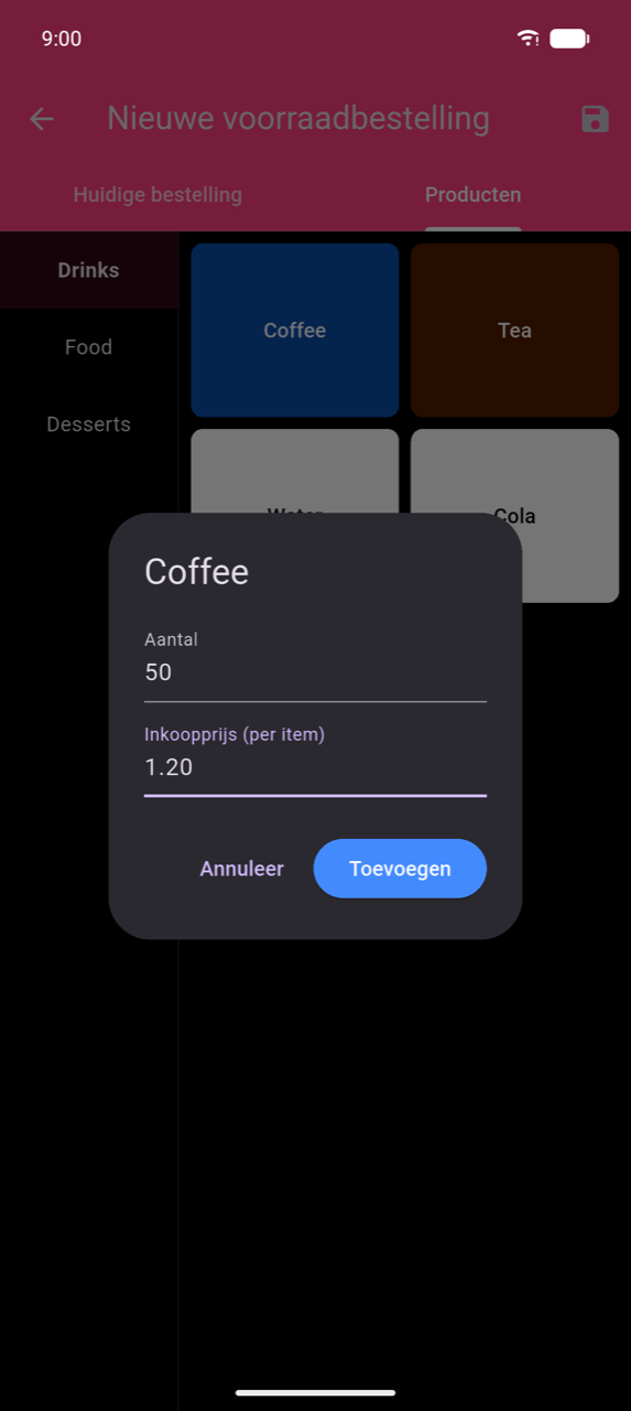 Dialoogvenster product toevoegen over het tabblad Producten: productraster met Coffee (geselecteerd, blauw), Tea, Water en Cola; dialoogvenster getiteld "Coffee" met veld Aantal ingesteld op 50 en veld Inkoopprijs (per item) ingesteld op 1,20; knoppen Annuleren en Toevoegen