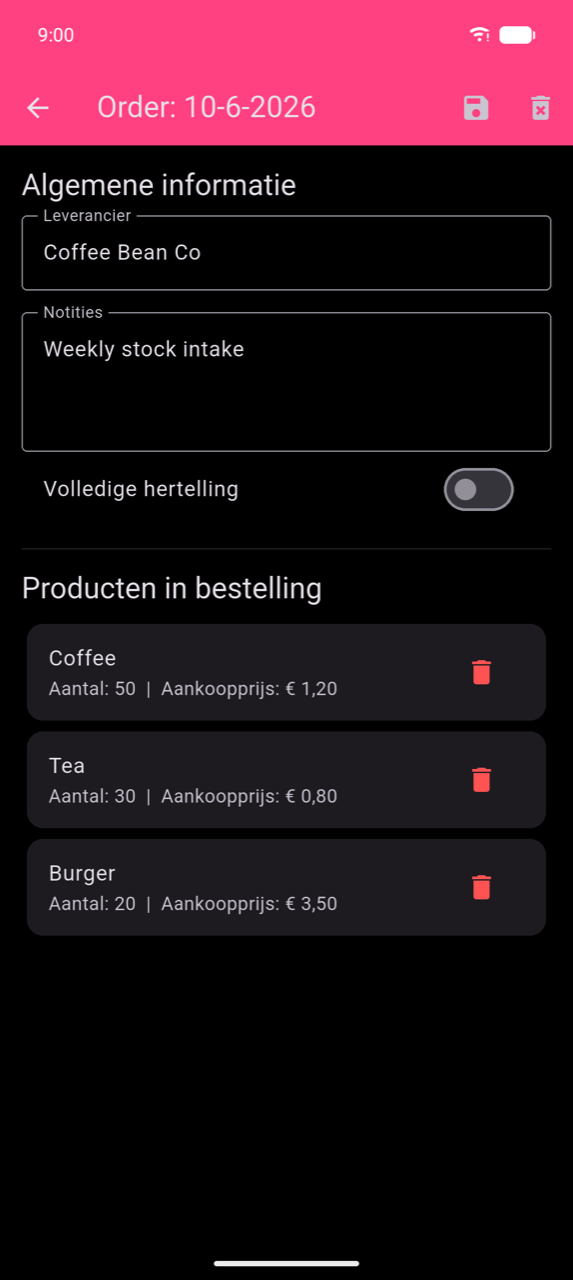 Bestellingdetail voor 10-6-2026: sectie Algemene informatie met Leverancier "Coffee Bean Co" en Notities "Weekly stock intake", schakelaar Volledige hertelling (uit), dan Producten in bestelling — Coffee (Aantal: 50 | Aankoopprijs: € 1,20), Tea (Aantal: 30 | Aankoopprijs: € 0,80), Burger (Aantal: 20 | Aankoopprijs: € 3,50) — elk met een prullenbakpictogram