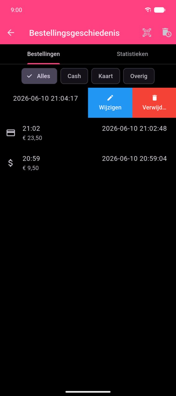 Bestellingslijst met de bovenste rij naar links geveegd, waarbij een blauwe knop Wijzigen met potloodpictogram en een rode knop Verwijderen met prullenbakpictogram worden getoond; de datum 2026-06-10 21:04:17 van de rij is zichtbaar aan de linkerkant; twee andere rijen staan eronder
