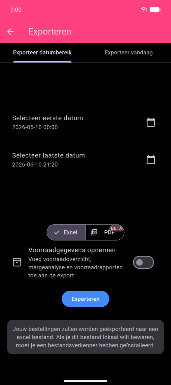 Exportscherm, tabblad Exporteer datumbereik: Selecteer eerste datum 2026-05-10 00:00 en Selecteer laatste datum 2026-06-10 21:20 elk met een kalenderpictogram; wisselaar Excel / PDF BETA met Excel geselecteerd; schakelaar Voorraadgegevens opnemen (uit); blauwe knop Exporteren; snackbar met 'Your orders will be exported to an excel file. If you would like to save this file locally, you will need to have a file explorer installed.'