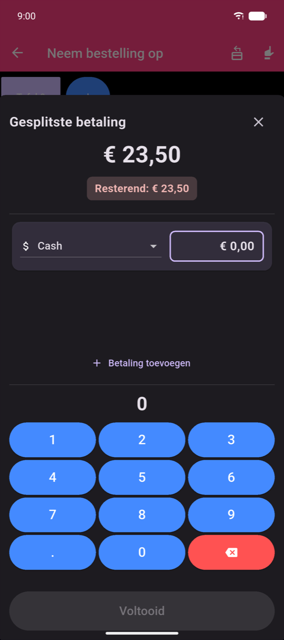 Modaal Gesplitste betaling: totaal € 23,50, chip Resterend: € 23,50, één Cash-invoer met bedragveld € 0,00, link + Betaling toevoegen, decimaal numpad, grijze knop Voltooid